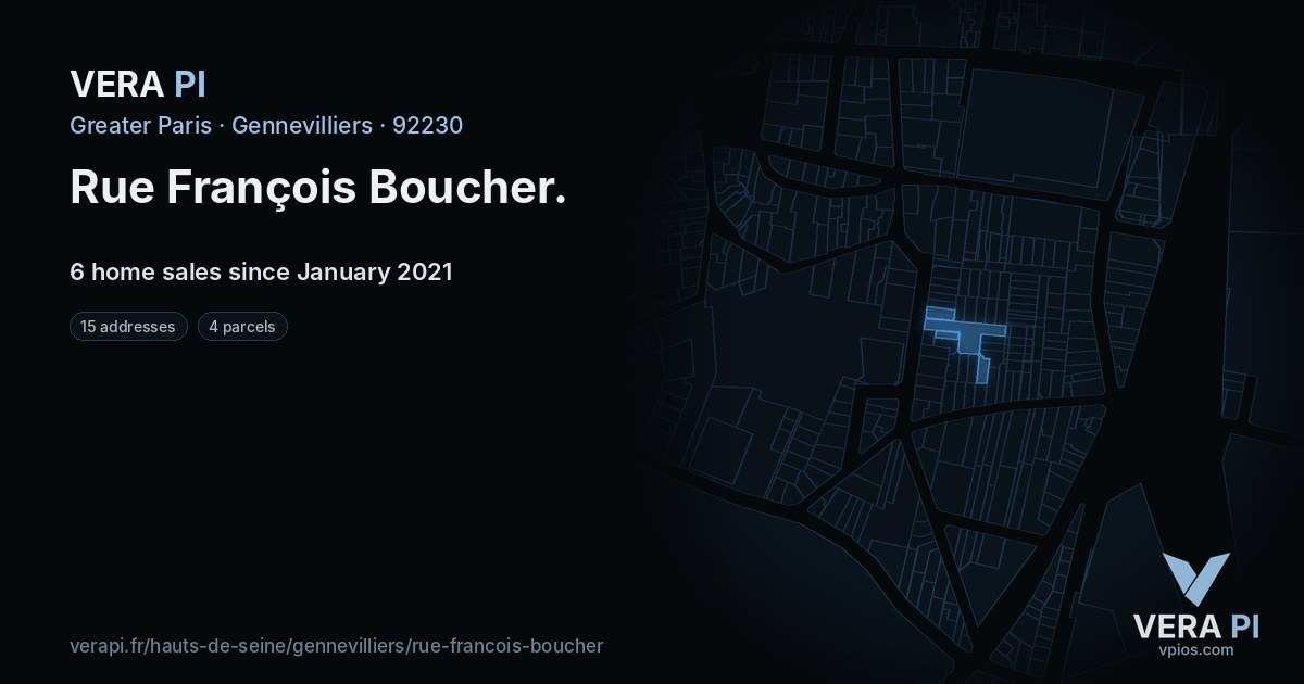 Rue François Boucher, Gennevilliers at night – every parcel coloured by the prices around it, the street's own parcels lit