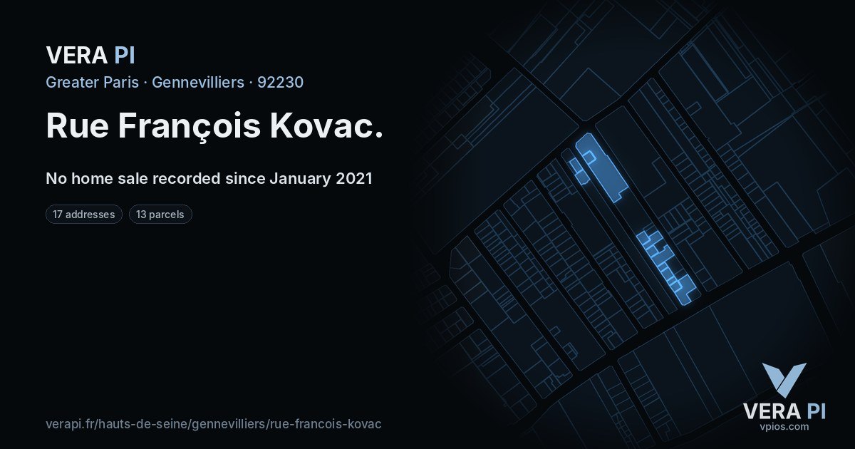 Rue François Kovac, Gennevilliers at night – every parcel coloured by the prices around it, the street's own parcels lit