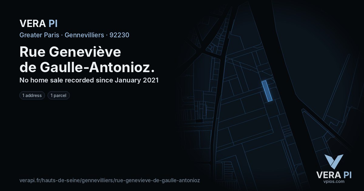 Rue Geneviève de Gaulle-Antonioz, Gennevilliers at night – every parcel coloured by the prices around it, the street's own parcels lit
