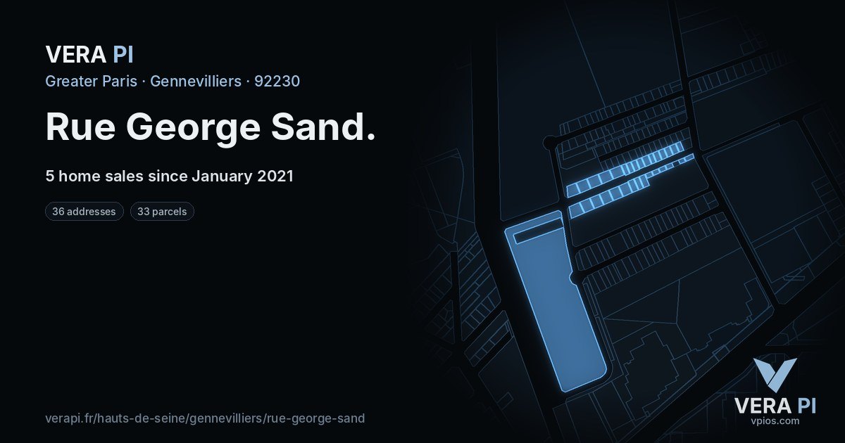 Rue George Sand, Gennevilliers at night – every parcel coloured by the prices around it, the street's own parcels lit