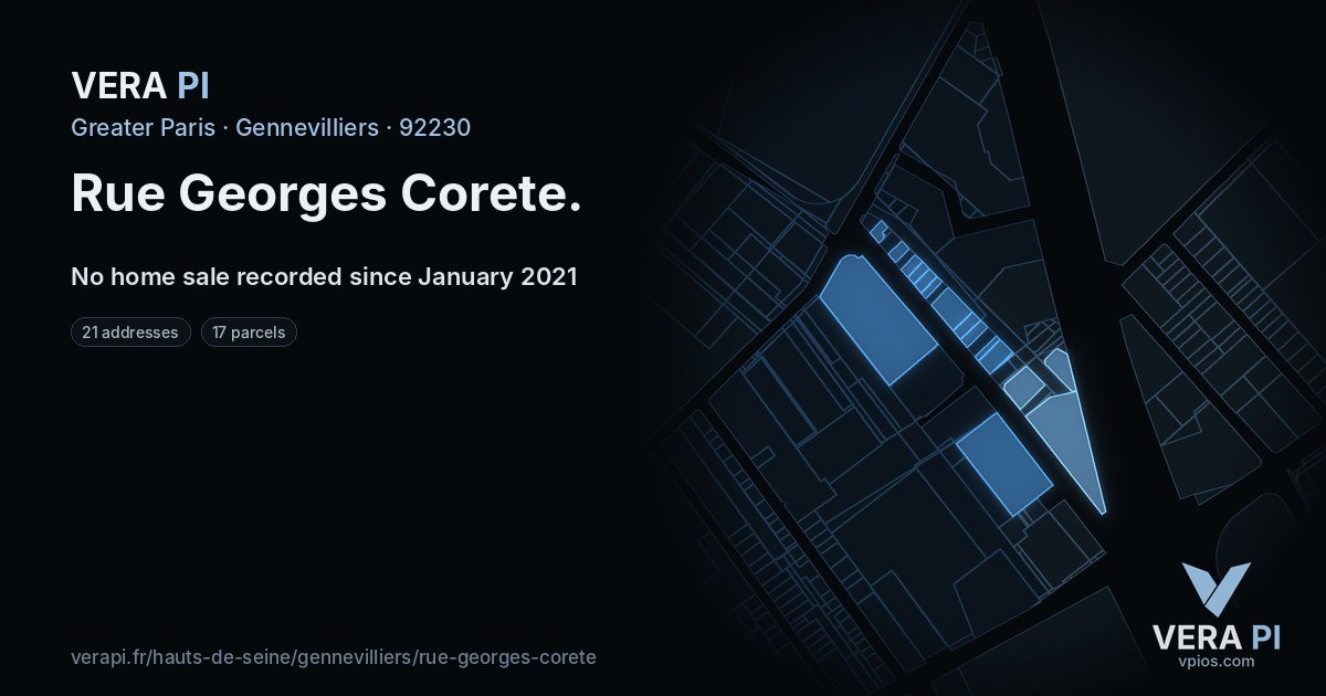 Rue Georges Corete, Gennevilliers at night – every parcel coloured by the prices around it, the street's own parcels lit