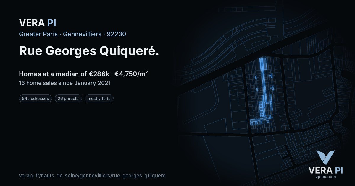 Rue Georges Quiqueré, Gennevilliers at night – every parcel coloured by the prices around it, the street's own parcels lit