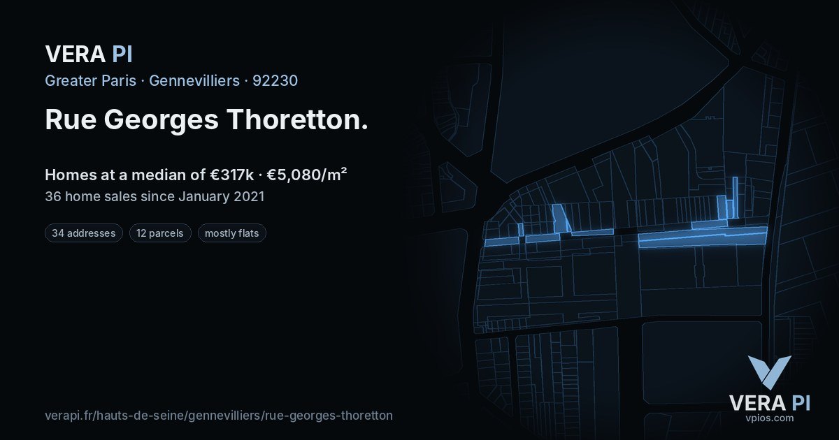 Rue Georges Thoretton, Gennevilliers at night – every parcel coloured by the prices around it, the street's own parcels lit