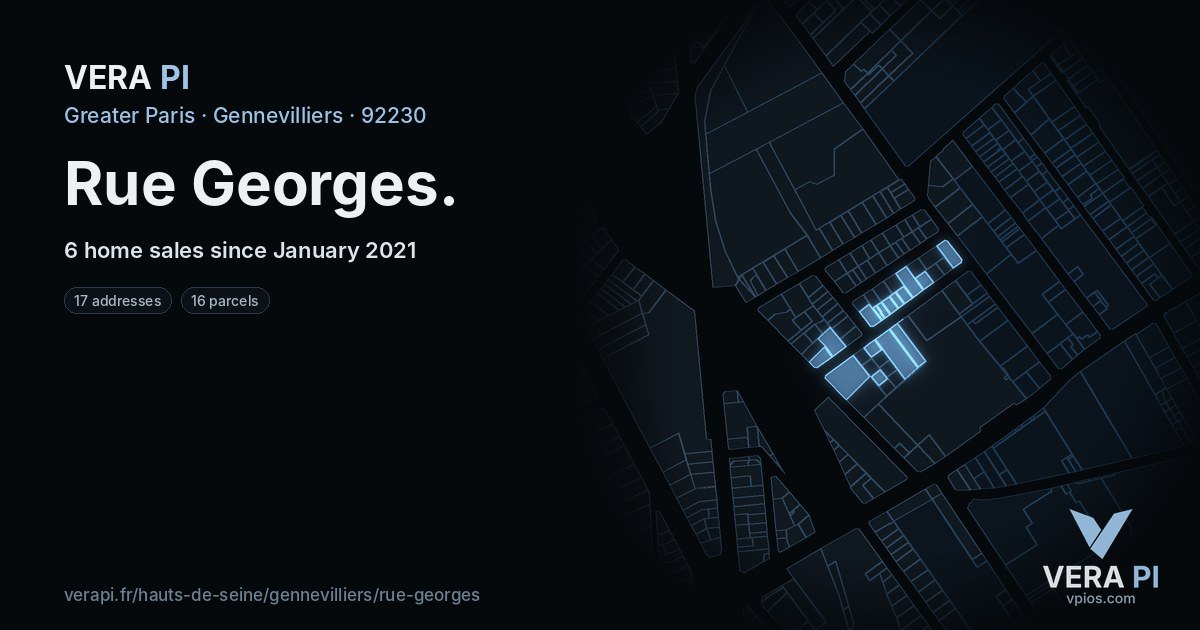 Rue Georges, Gennevilliers at night – every parcel coloured by the prices around it, the street's own parcels lit