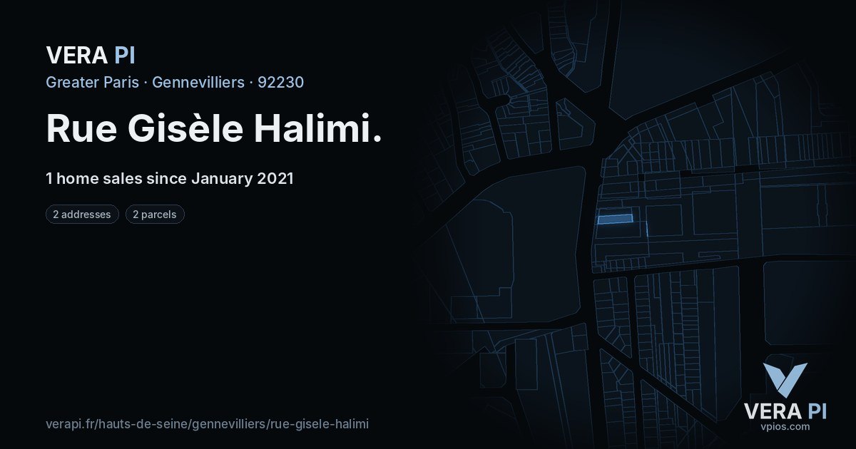 Rue Gisèle Halimi, Gennevilliers at night – every parcel coloured by the prices around it, the street's own parcels lit