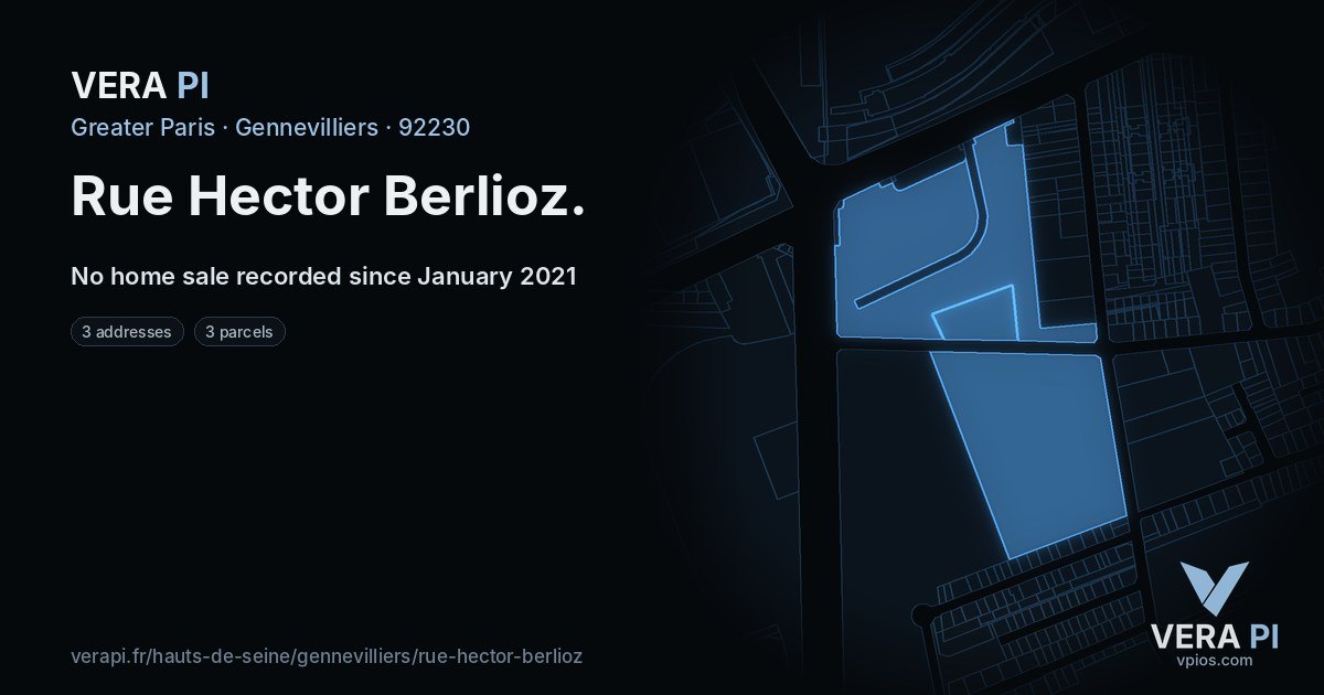 Rue Hector Berlioz, Gennevilliers at night – every parcel coloured by the prices around it, the street's own parcels lit