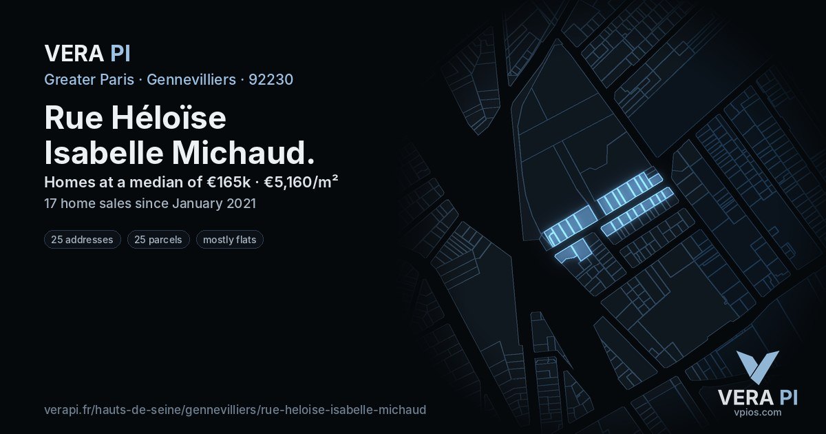 Rue Héloïse Isabelle Michaud, Gennevilliers at night – every parcel coloured by the prices around it, the street's own parcels lit