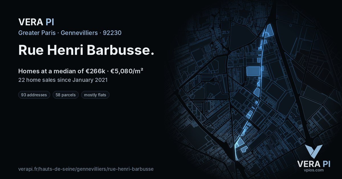 Rue Henri Barbusse, Gennevilliers at night – every parcel coloured by the prices around it, the street's own parcels lit