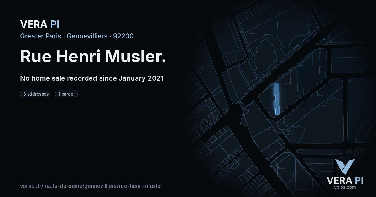 Rue Henri Musler, Gennevilliers at night – every parcel coloured by the prices around it, the street's own parcels lit