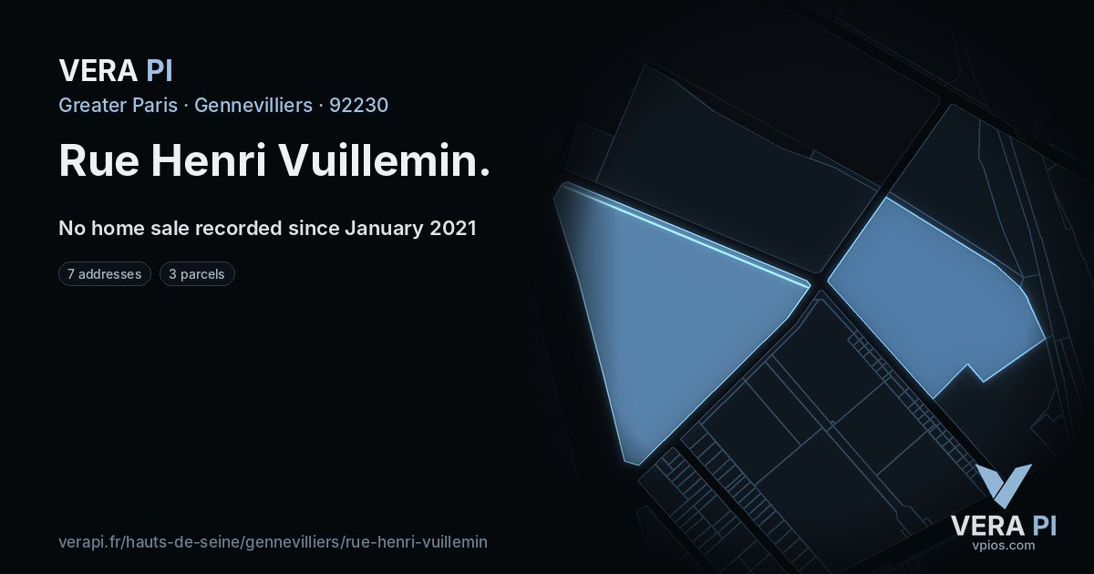 Rue Henri Vuillemin, Gennevilliers at night – every parcel coloured by the prices around it, the street's own parcels lit