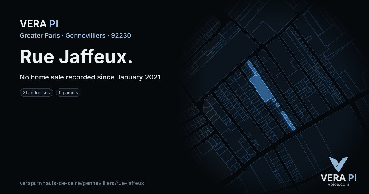Rue Jaffeux, Gennevilliers at night – every parcel coloured by the prices around it, the street's own parcels lit