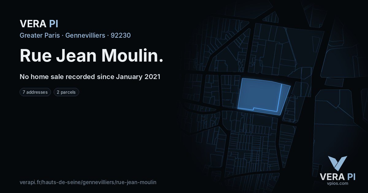 Rue Jean Moulin, Gennevilliers at night – every parcel coloured by the prices around it, the street's own parcels lit