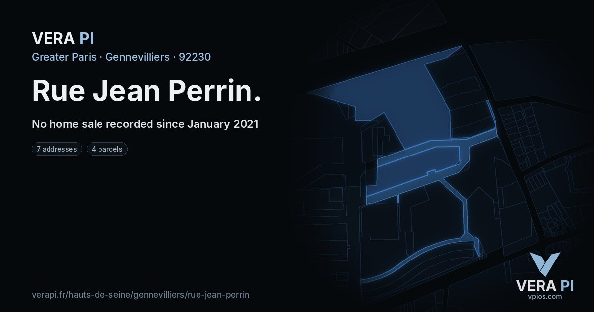 Rue Jean Perrin, Gennevilliers at night – every parcel coloured by the prices around it, the street's own parcels lit