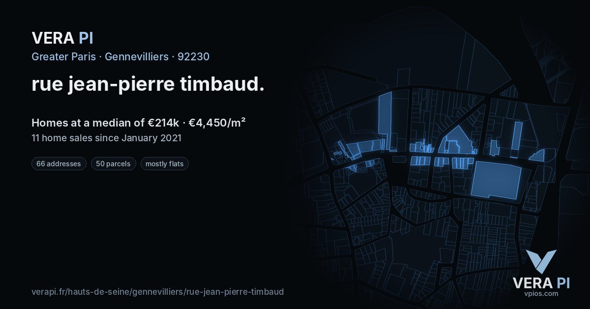 rue jean-pierre timbaud, Gennevilliers at night – every parcel coloured by the prices around it, the street's own parcels lit