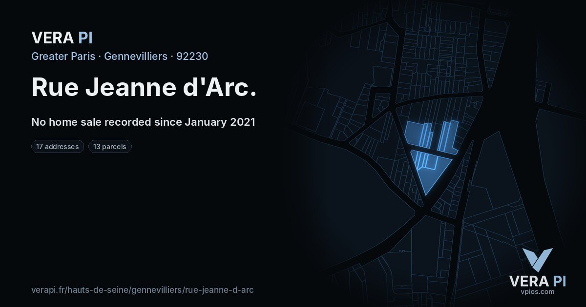 Rue Jeanne d'Arc, Gennevilliers at night – every parcel coloured by the prices around it, the street's own parcels lit