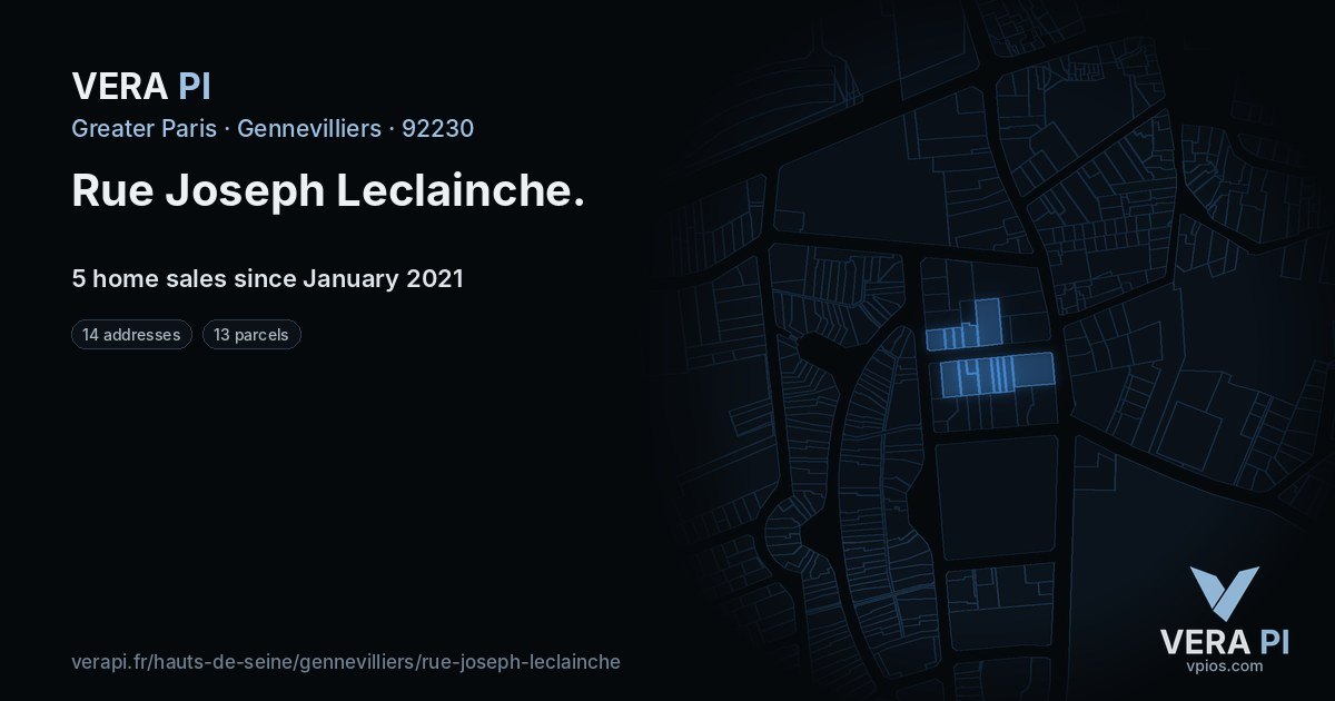 Rue Joseph Leclainche, Gennevilliers at night – every parcel coloured by the prices around it, the street's own parcels lit