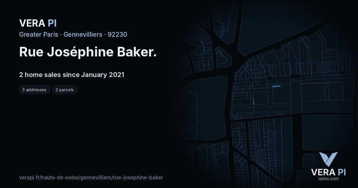 Rue Joséphine Baker, Gennevilliers at night – every parcel coloured by the prices around it, the street's own parcels lit
