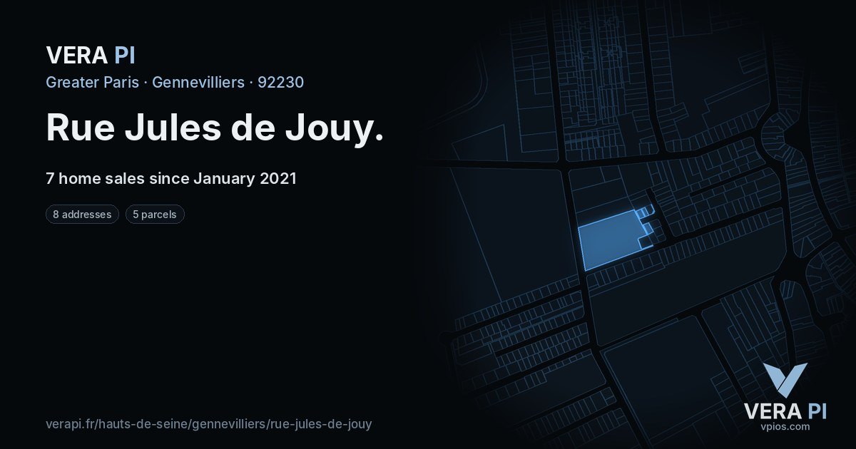Rue Jules de Jouy, Gennevilliers at night – every parcel coloured by the prices around it, the street's own parcels lit