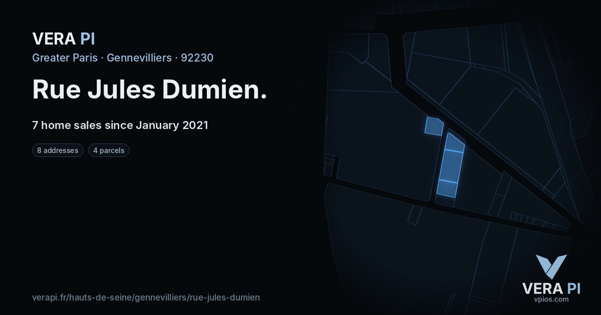 Rue Jules Dumien, Gennevilliers at night – every parcel coloured by the prices around it, the street's own parcels lit