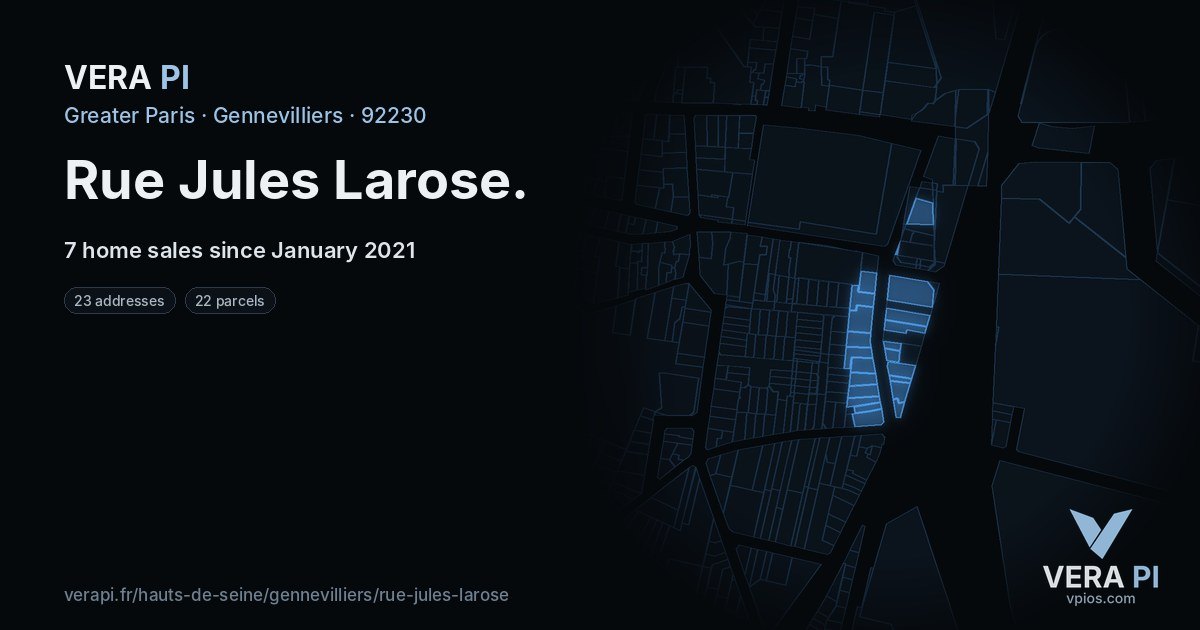 Rue Jules Larose, Gennevilliers at night – every parcel coloured by the prices around it, the street's own parcels lit