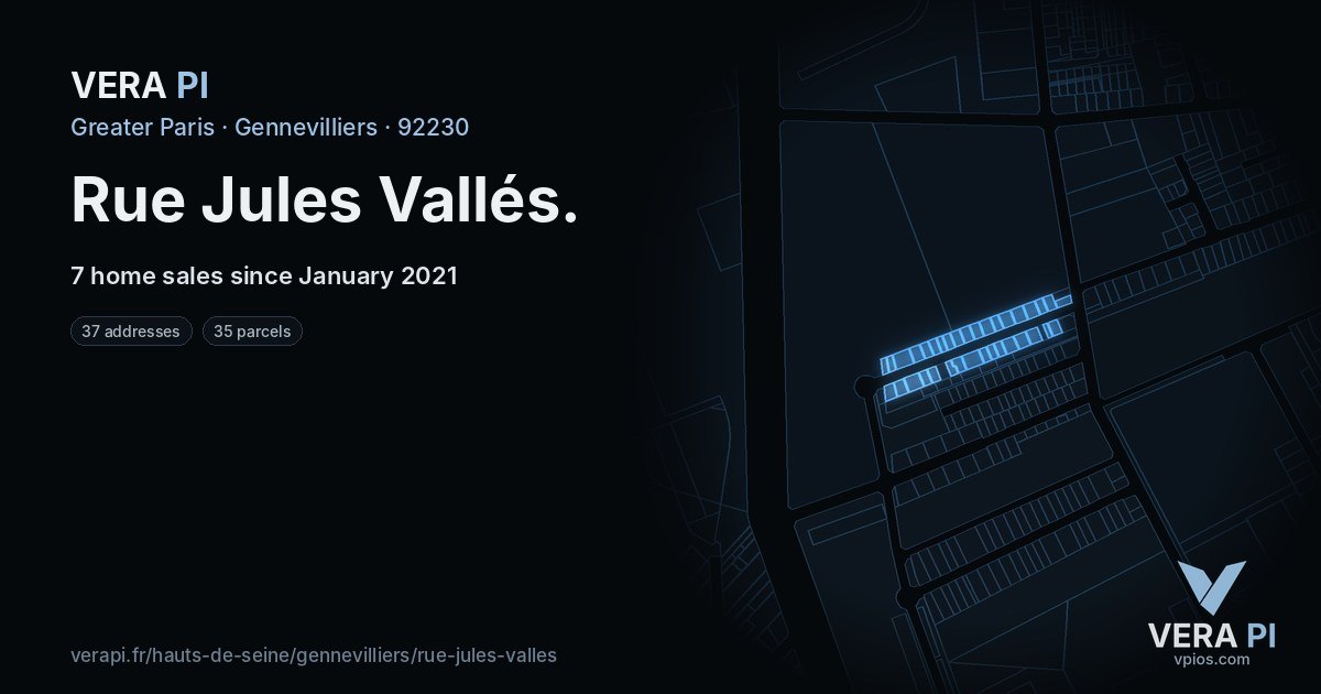 Rue Jules Vallés, Gennevilliers at night – every parcel coloured by the prices around it, the street's own parcels lit