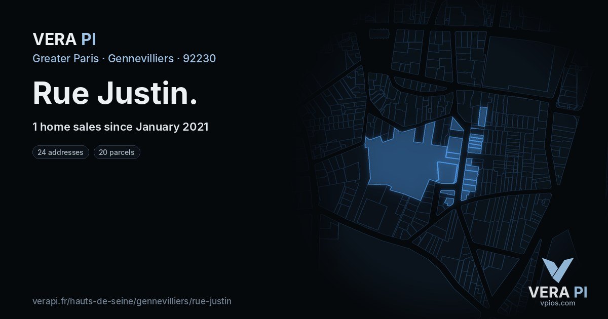 Rue Justin, Gennevilliers at night – every parcel coloured by the prices around it, the street's own parcels lit