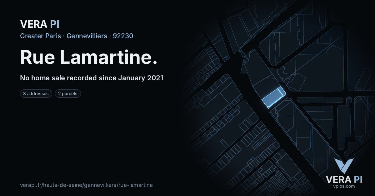 Rue Lamartine, Gennevilliers at night – every parcel coloured by the prices around it, the street's own parcels lit