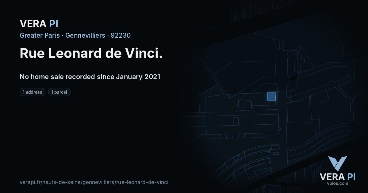 Rue Leonard de Vinci, Gennevilliers at night – every parcel coloured by the prices around it, the street's own parcels lit