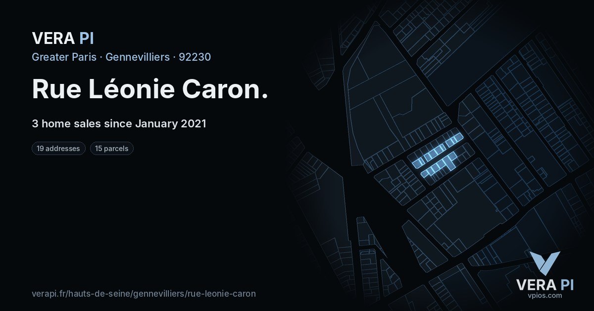 Rue Léonie Caron, Gennevilliers at night – every parcel coloured by the prices around it, the street's own parcels lit