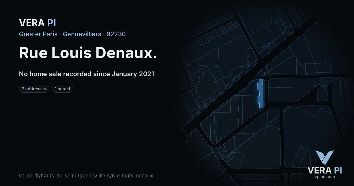 Rue Louis Denaux, Gennevilliers at night – every parcel coloured by the prices around it, the street's own parcels lit