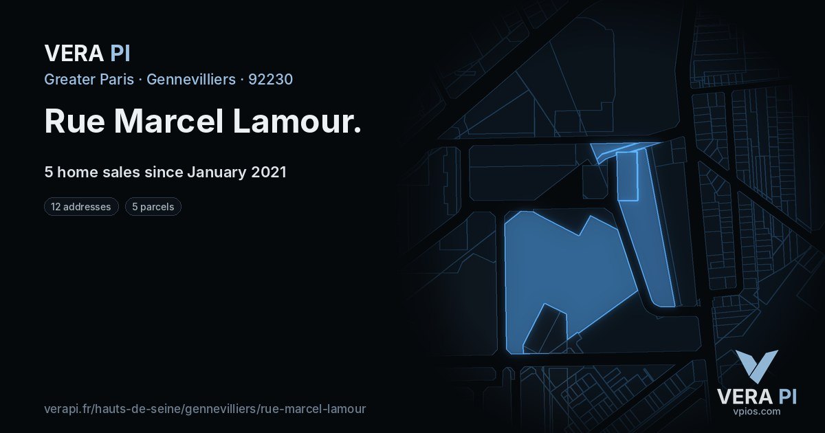 Rue Marcel Lamour, Gennevilliers at night – every parcel coloured by the prices around it, the street's own parcels lit