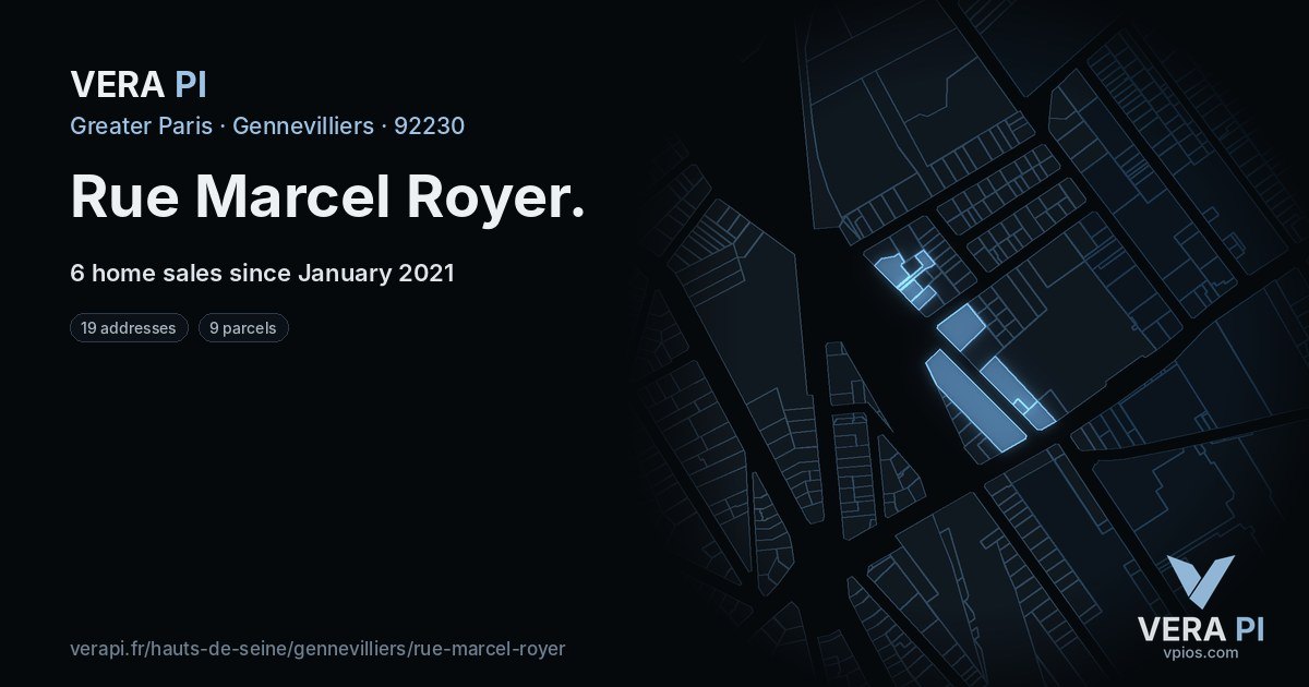 Rue Marcel Royer, Gennevilliers at night – every parcel coloured by the prices around it, the street's own parcels lit