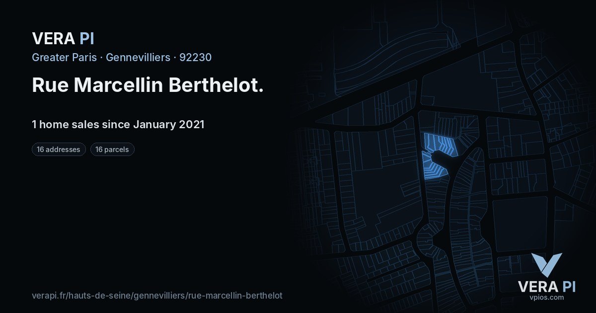 Rue Marcellin Berthelot, Gennevilliers at night – every parcel coloured by the prices around it, the street's own parcels lit