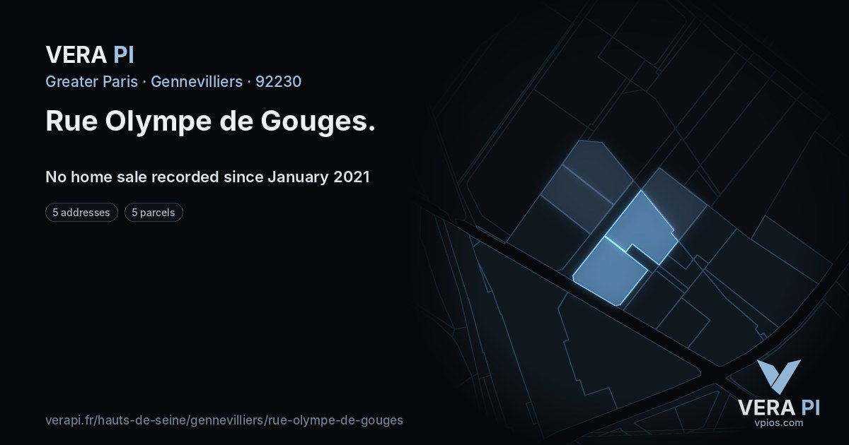Rue Olympe de Gouges, Gennevilliers at night – every parcel coloured by the prices around it, the street's own parcels lit