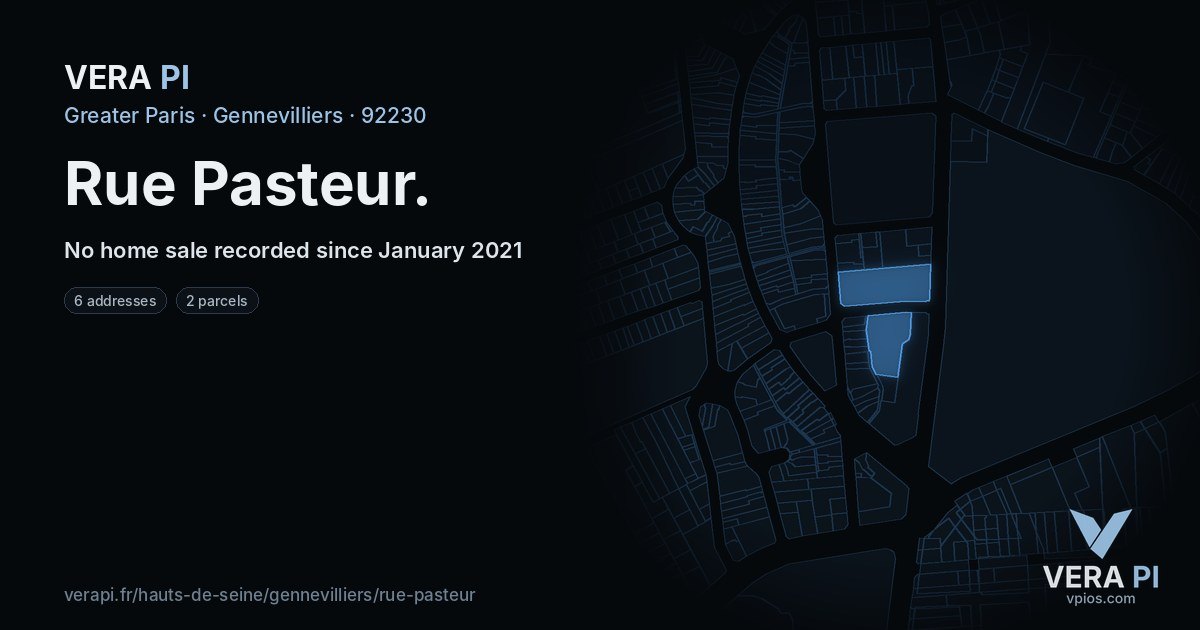 Rue Pasteur, Gennevilliers at night – every parcel coloured by the prices around it, the street's own parcels lit