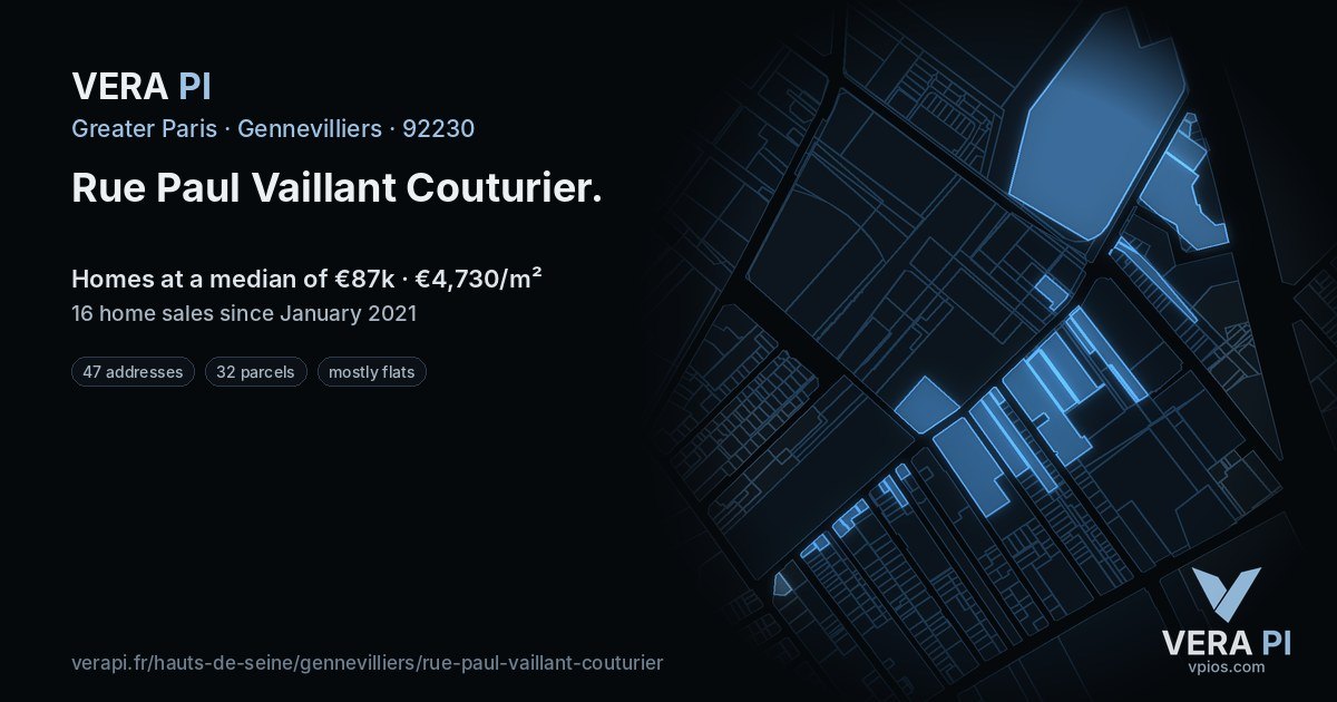 Rue Paul Vaillant Couturier, Gennevilliers at night – every parcel coloured by the prices around it, the street's own parcels lit