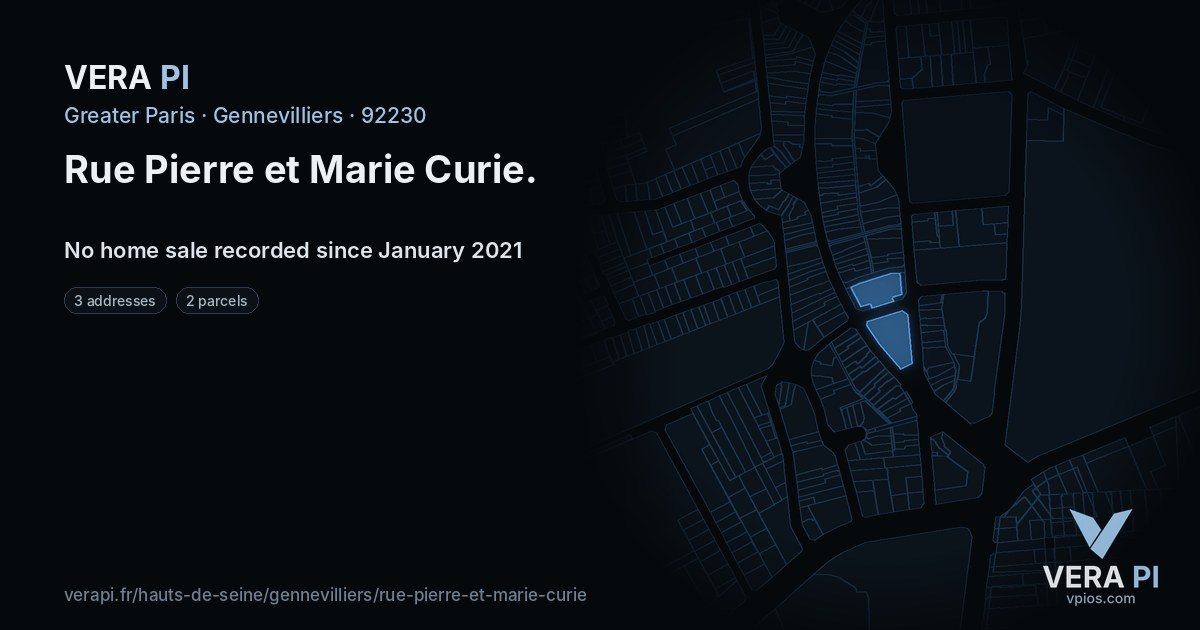 Rue Pierre et Marie Curie, Gennevilliers at night – every parcel coloured by the prices around it, the street's own parcels lit