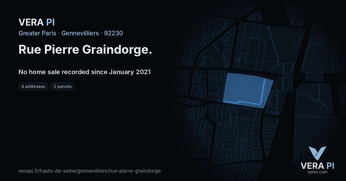 Rue Pierre Graindorge, Gennevilliers at night – every parcel coloured by the prices around it, the street's own parcels lit