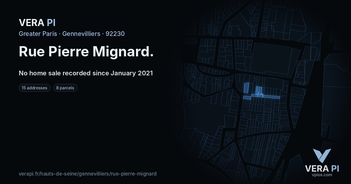 Rue Pierre Mignard, Gennevilliers at night – every parcel coloured by the prices around it, the street's own parcels lit