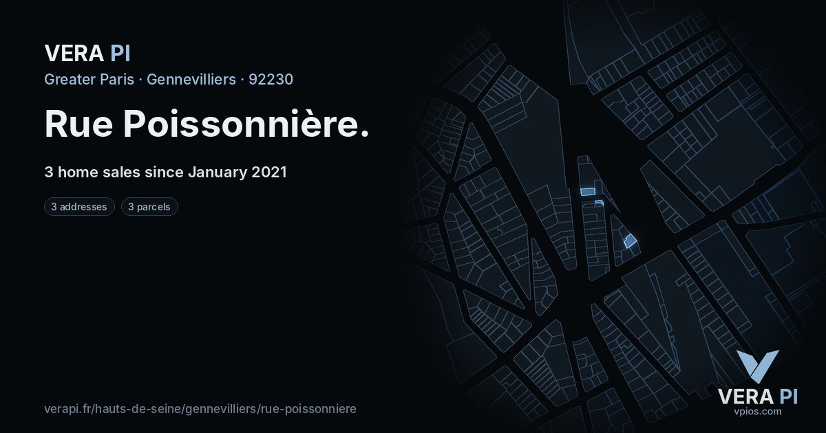 Rue Poissonnière, Gennevilliers at night – every parcel coloured by the prices around it, the street's own parcels lit