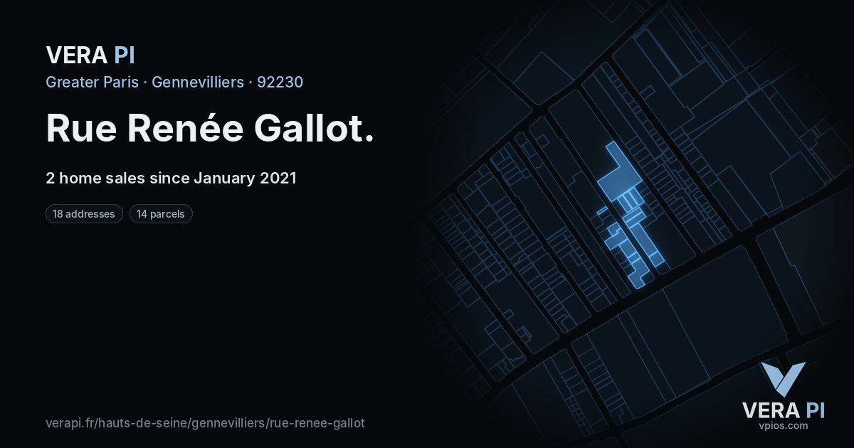 Rue Renée Gallot, Gennevilliers at night – every parcel coloured by the prices around it, the street's own parcels lit