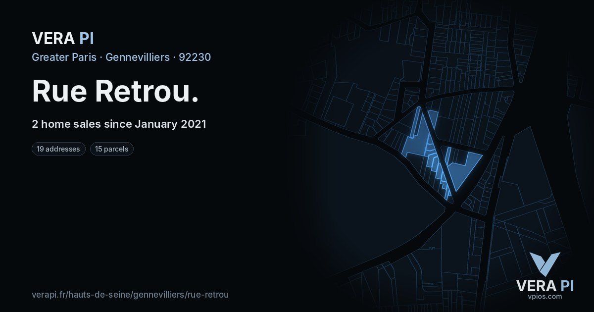 Rue Retrou, Gennevilliers at night – every parcel coloured by the prices around it, the street's own parcels lit