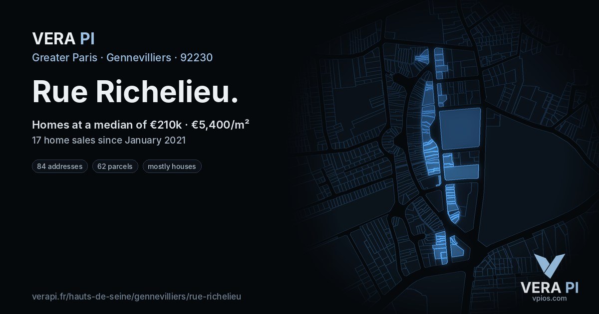 Rue Richelieu, Gennevilliers at night – every parcel coloured by the prices around it, the street's own parcels lit