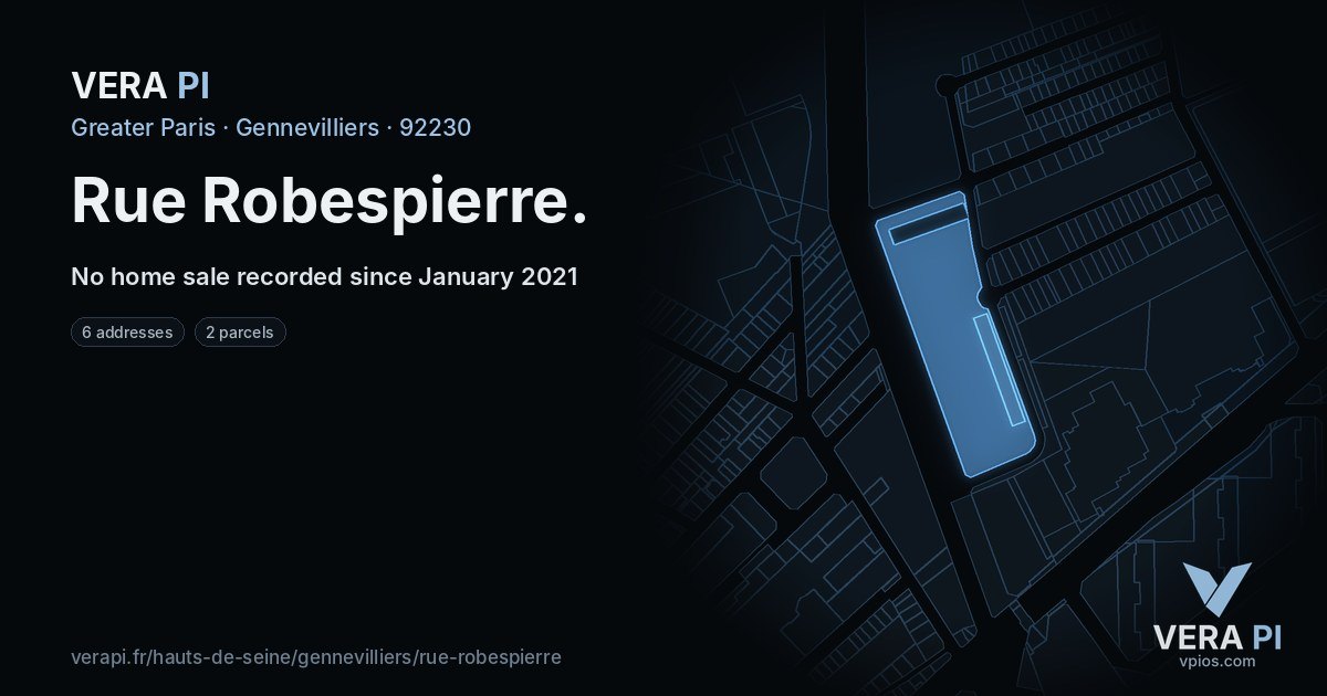 Rue Robespierre, Gennevilliers at night – every parcel coloured by the prices around it, the street's own parcels lit