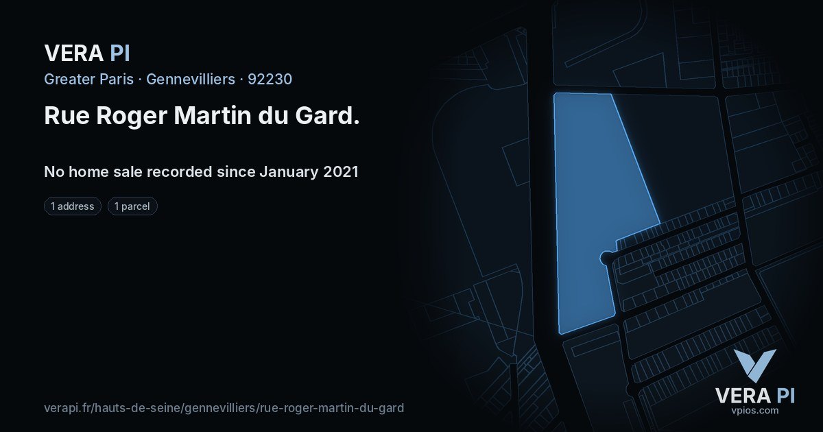 Rue Roger Martin du Gard, Gennevilliers at night – every parcel coloured by the prices around it, the street's own parcels lit
