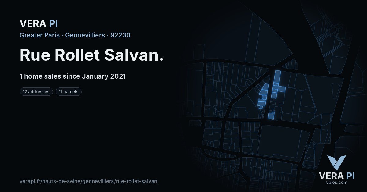 Rue Rollet Salvan, Gennevilliers at night – every parcel coloured by the prices around it, the street's own parcels lit