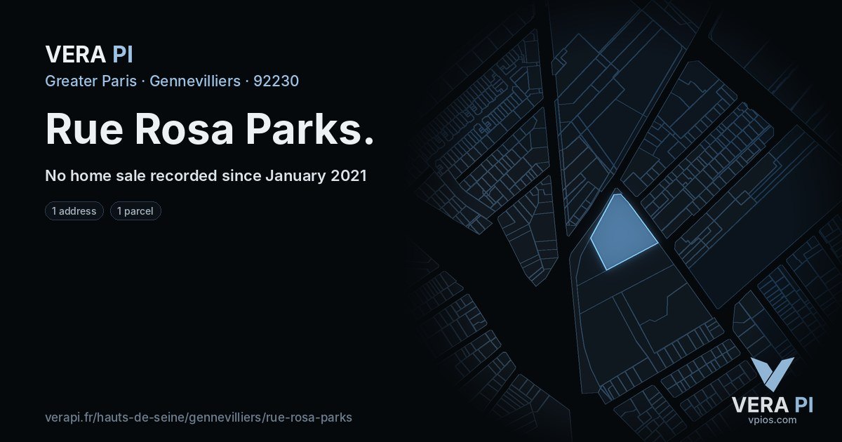 Rue Rosa Parks, Gennevilliers at night – every parcel coloured by the prices around it, the street's own parcels lit