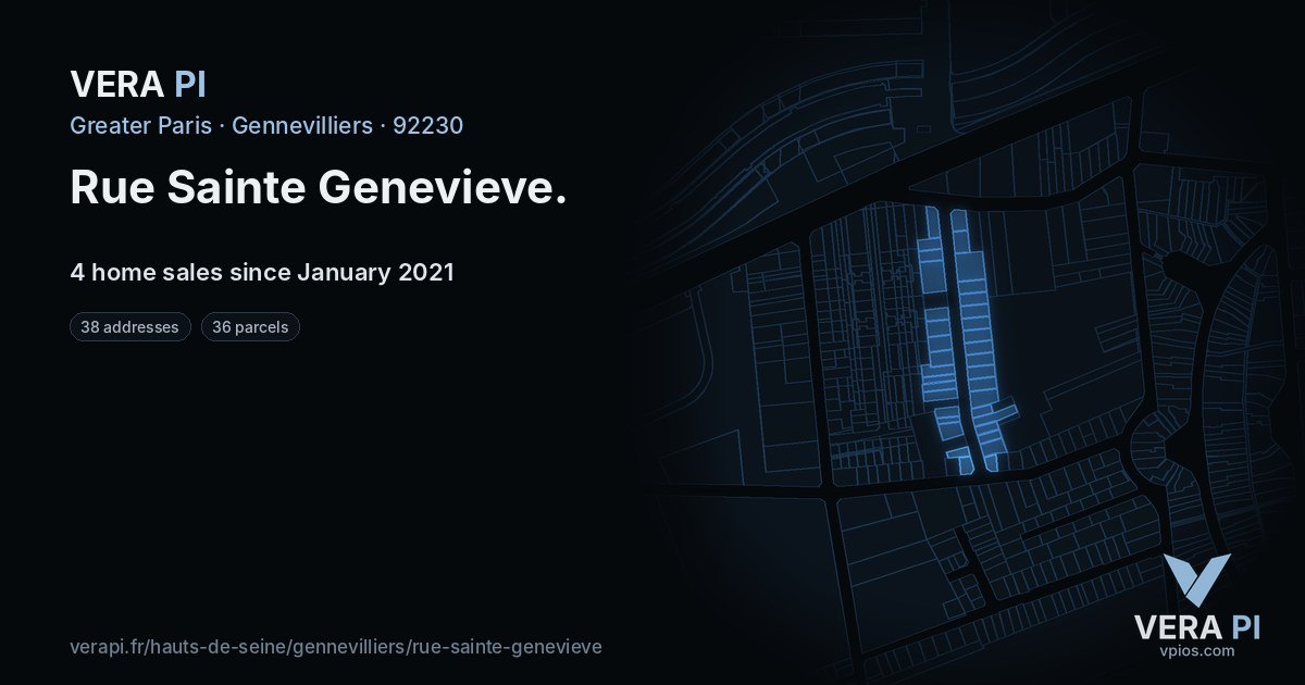 Rue Sainte Genevieve, Gennevilliers at night – every parcel coloured by the prices around it, the street's own parcels lit
