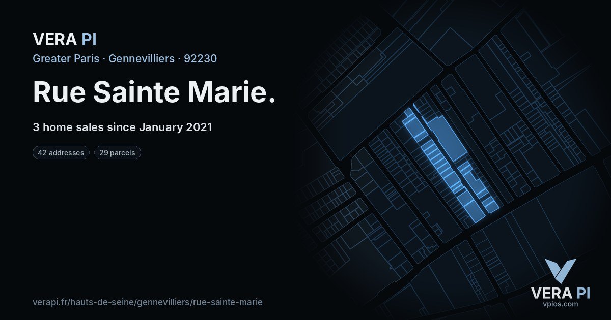Rue Sainte Marie, Gennevilliers at night – every parcel coloured by the prices around it, the street's own parcels lit