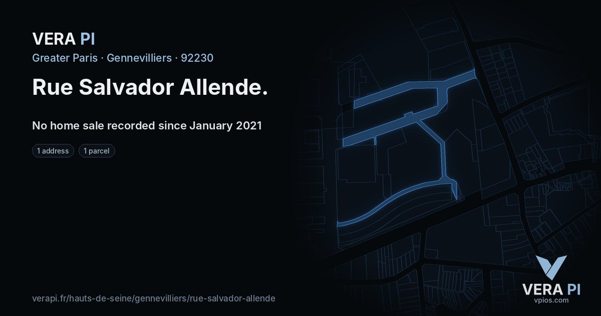 Rue Salvador Allende, Gennevilliers at night – every parcel coloured by the prices around it, the street's own parcels lit